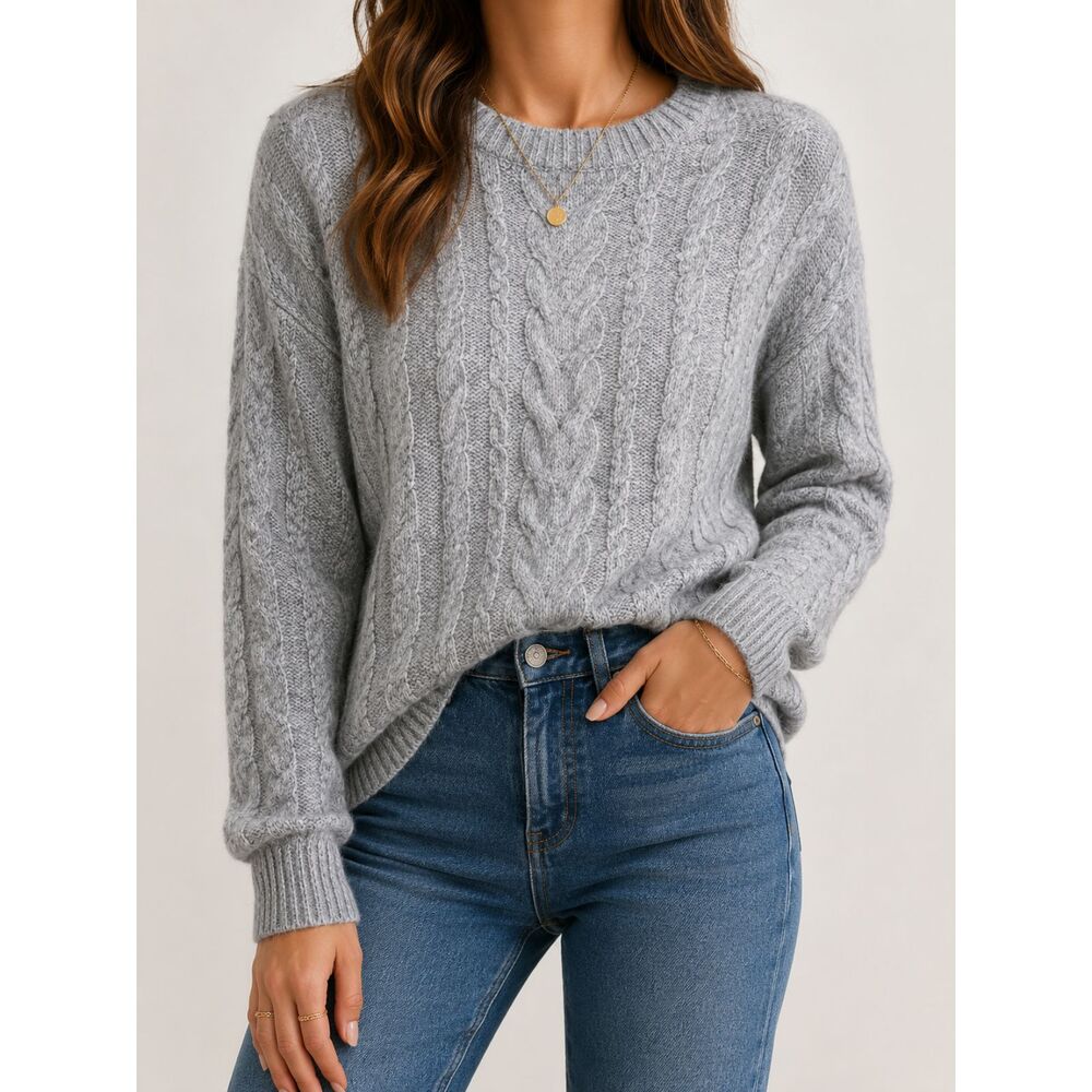 LOFT Cable Knit Sweater Gray Soft Cozy Cottagecore Grandpa Core Size M